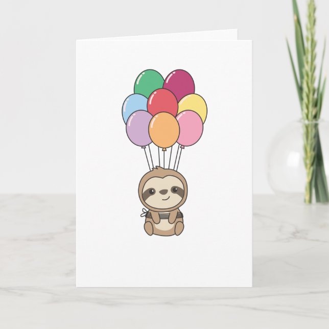 Sloth Flies Up With Colourful Balloons Card (Front)