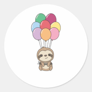 Sloth Flies Up With Colourful Balloons Classic Round Sticker