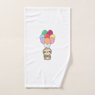 Sloth Flies Up with Colourful Balloons Kawaii Slot Hand Towel