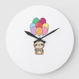 Sloth Flies Up with Colourful Balloons Kawaii Slot Large Clock