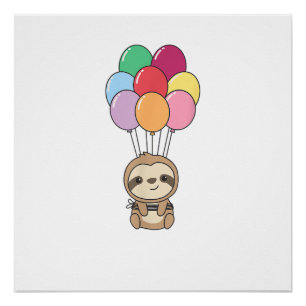 Sloth Flies Up with Colourful Balloons Kawaii Slot Poster