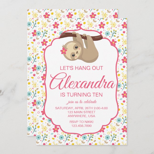 Sloth floral birthday invitation (Front/Back)