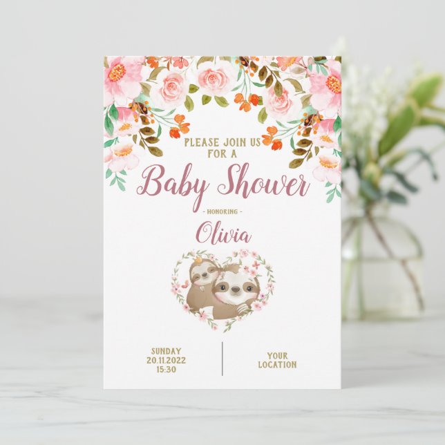 Sloth Floral Watercolor Baby Shower Invitation (Standing Front)