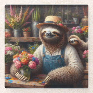 Sloth Florist Glass Coaster