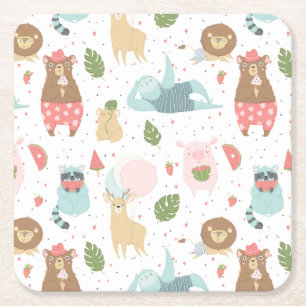 Sloth & Friends Pattern Square Paper Coaster