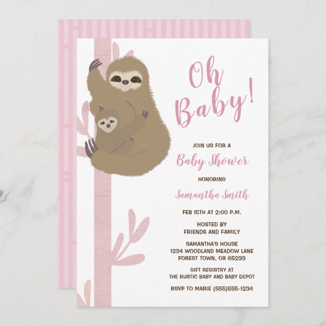 Sloth Girl Baby Shower Invitation (Front/Back)