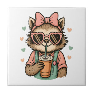 Sloth Girl Coffee Lover Ceramic Tile