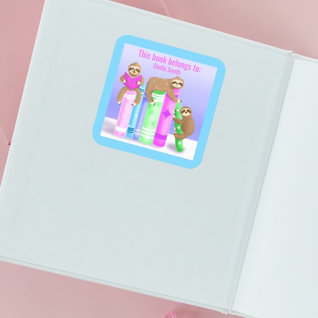 Sloth Girl's Reading Books Bookplate Square Sticker (Creator Uploaded)