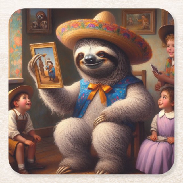 Sloth Grandpa Square Paper Coaster (Front)