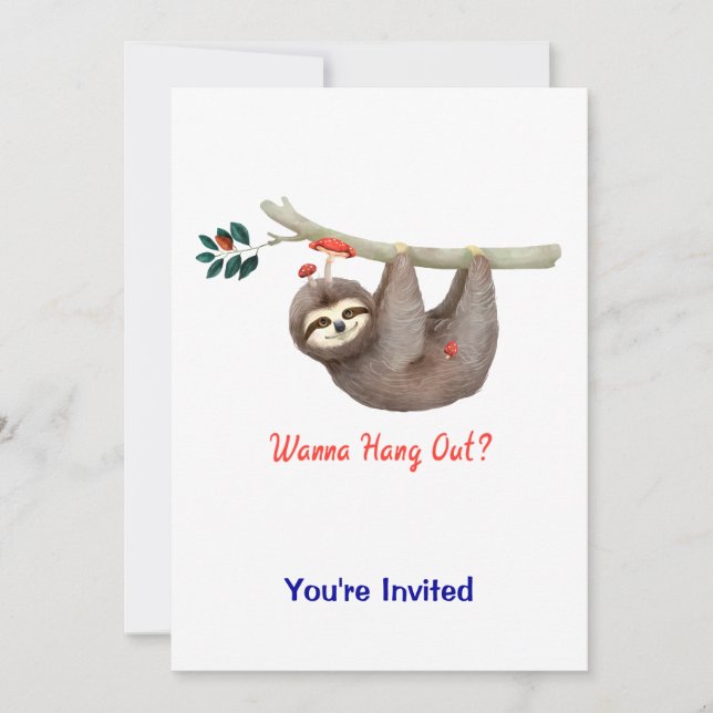 Sloth Hanging from Branch TEXT Wanna Hang Out? Invitation (Front)