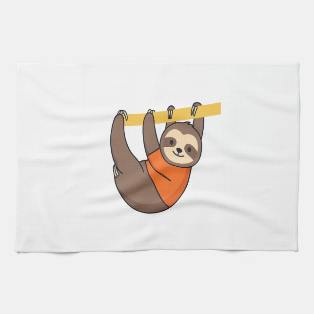 Sloth Hanging on Branch with Orange Tea Towel (Horizontal)
