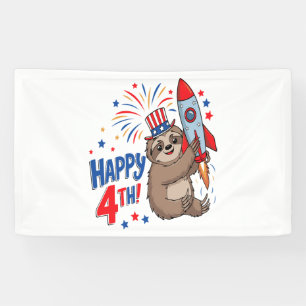 Sloth Happy 4th Rocket Fireworks USA Banner