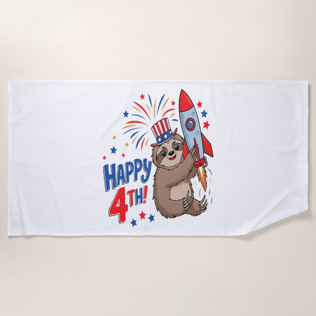 Sloth Happy 4th Rocket Fireworks USA Beach Towel (Front)