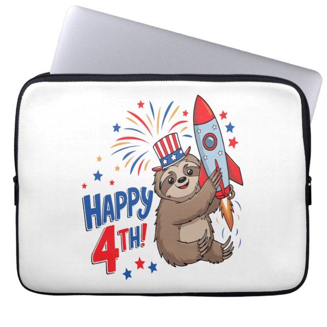 Sloth Happy 4th Rocket Fireworks USA Laptop Sleeve (Front)