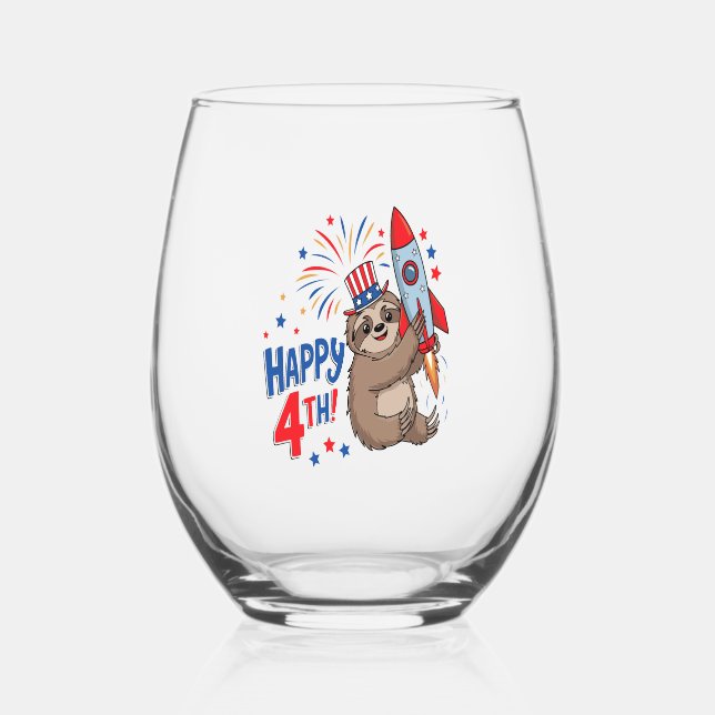 Sloth Happy 4th Rocket Fireworks USA Stemless Wine Glass (Front)