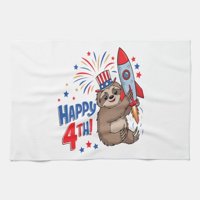 Sloth Happy 4th Rocket Fireworks USA Tea Towel (Horizontal)