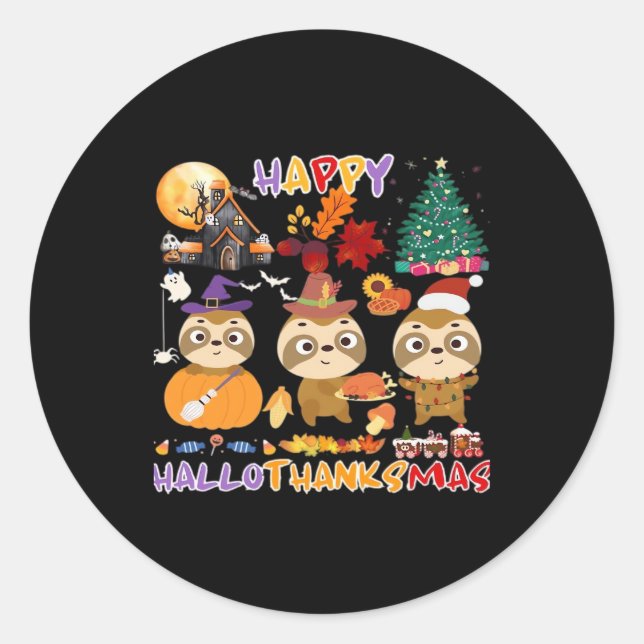 Sloth Happy Hallothanksmas Funny Halloween Thanksg Classic Round Sticker (Front)