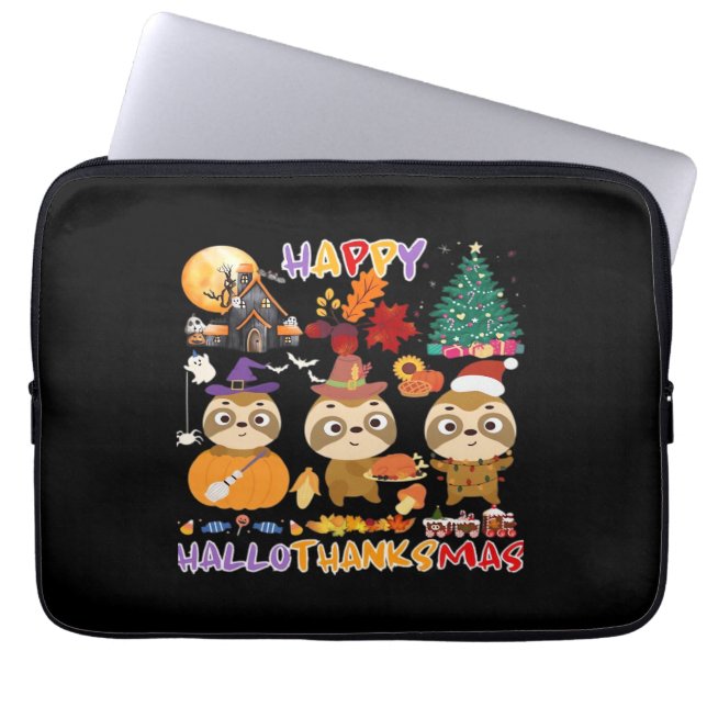 Sloth Happy Hallothanksmas Funny Halloween Thanksg Laptop Sleeve (Front)