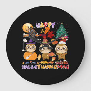 Sloth Happy Hallothanksmas Funny Halloween Thanksg Large Clock