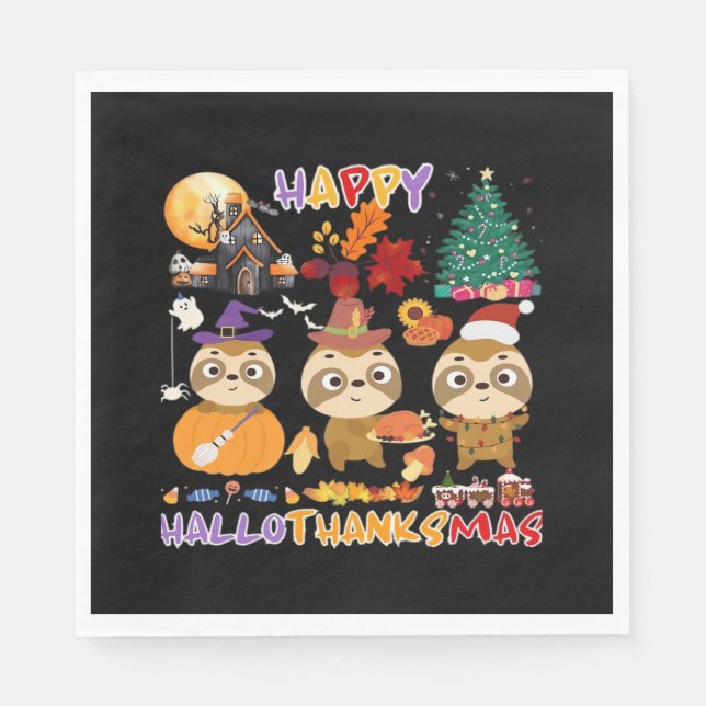 Sloth Happy Hallothanksmas Funny Halloween Thanksg Napkin (Front)