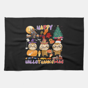Sloth Happy Hallothanksmas Funny Halloween Thanksg Tea Towel