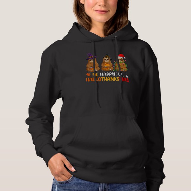 Sloth Happy Hallothanksmas  Xmas Thanksgiving Hall Hoodie (Front)