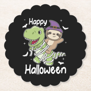 Sloth Happy Halloween T-rex Mummy Costume Paper Coaster