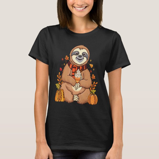 Sloth holding pumpkin spice happy Fall Yall autumn T-Shirt (Front)