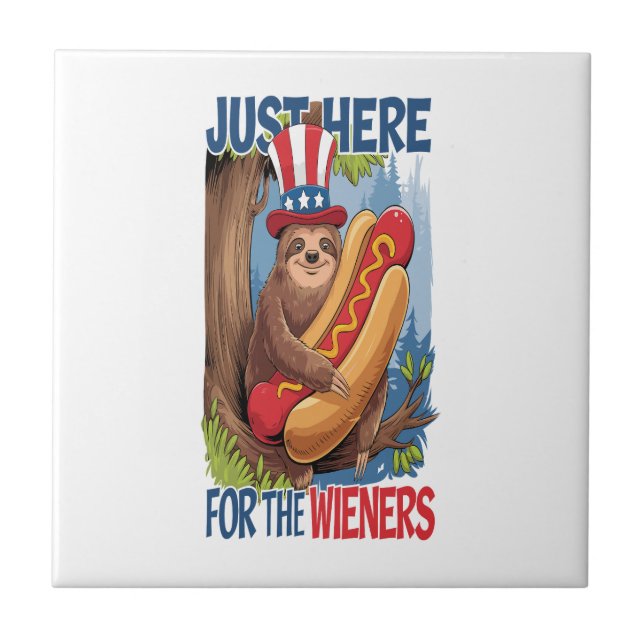 Sloth Hot Dog 4th of July BBQ Ceramic Tile (Front)