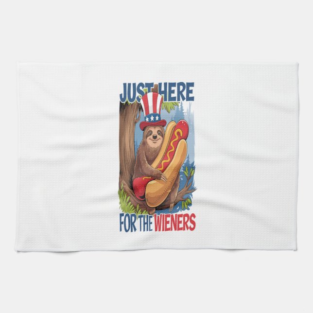Sloth Hot Dog 4th of July BBQ Tea Towel (Horizontal)