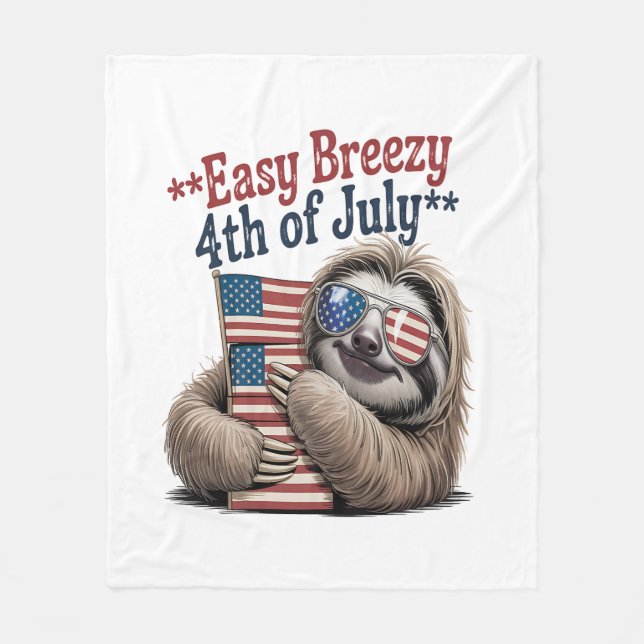 Sloth Hugging Flag 4th of July Fleece Blanket (Front)