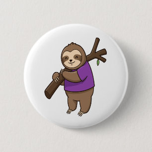 Sloth Hugging Tree Branch Wearing Purple 6 Cm Round Badge