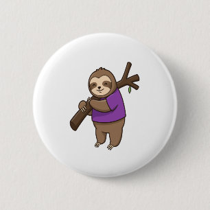 Sloth Hugging Tree Branch Wearing Purple 6 Cm Round Badge