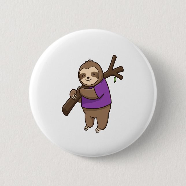 Sloth Hugging Tree Branch Wearing Purple 6 Cm Round Badge (Front)