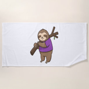 Sloth Hugging Tree Branch Wearing Purple Beach Towel