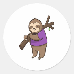 Sloth Hugging Tree Branch Wearing Purple Classic Round Sticker