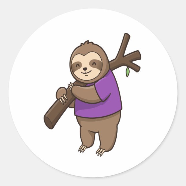 Sloth Hugging Tree Branch Wearing Purple Classic Round Sticker (Front)