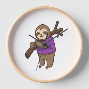 Sloth Hugging Tree Branch Wearing Purple Clock