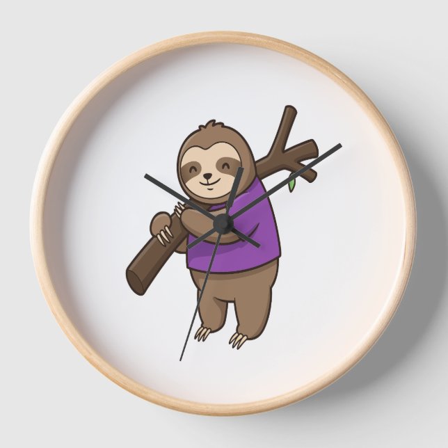 Sloth Hugging Tree Branch Wearing Purple Clock (Front)