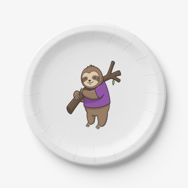 Sloth Hugging Tree Branch Wearing Purple Paper Plate (Front)