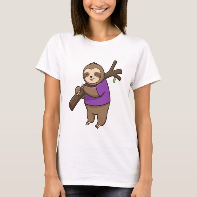Sloth Hugging Tree Branch Wearing Purple T-Shirt (Front)