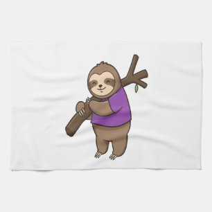 Sloth Hugging Tree Branch Wearing Purple Tea Towel