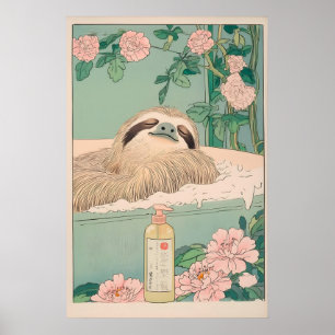 Sloth in Bathtub Ukiyo-e Print Japandi Bathroom