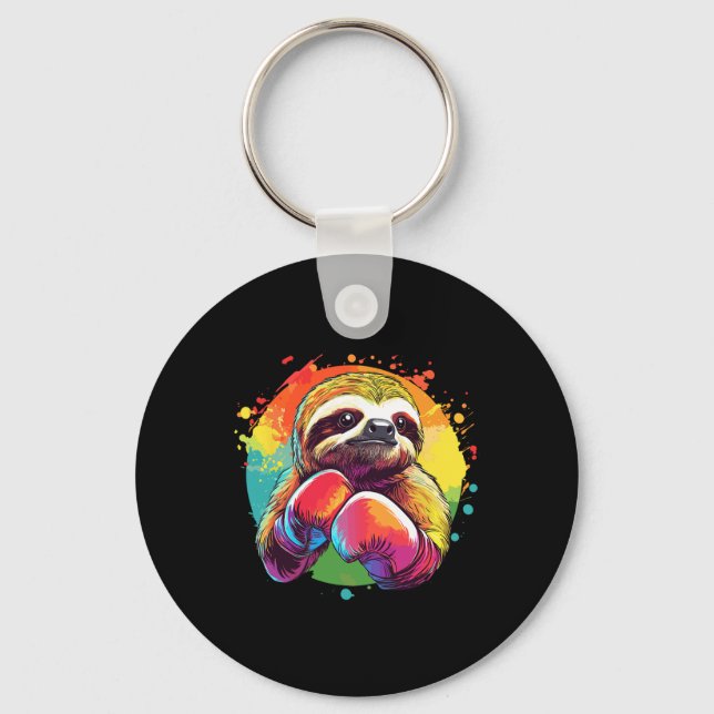Sloth In Boxing Gloves Rainbow Background  Key Ring (Front)