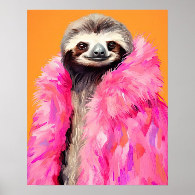 Sloth in Pink Fur Animal Fashion Art Print (Front)