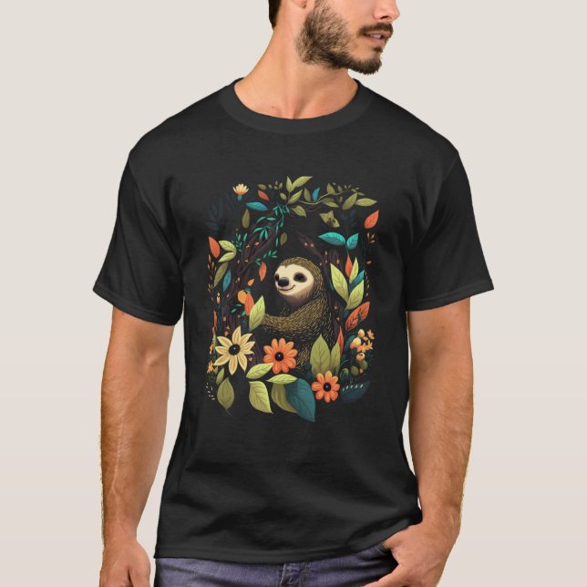 Sloth in the Rainforest Colourful Serene Floral Bl T-Shirt (Front)
