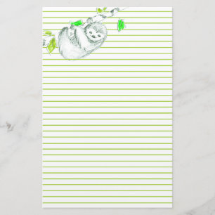 Sloth In Tree Green Lined Stationery
