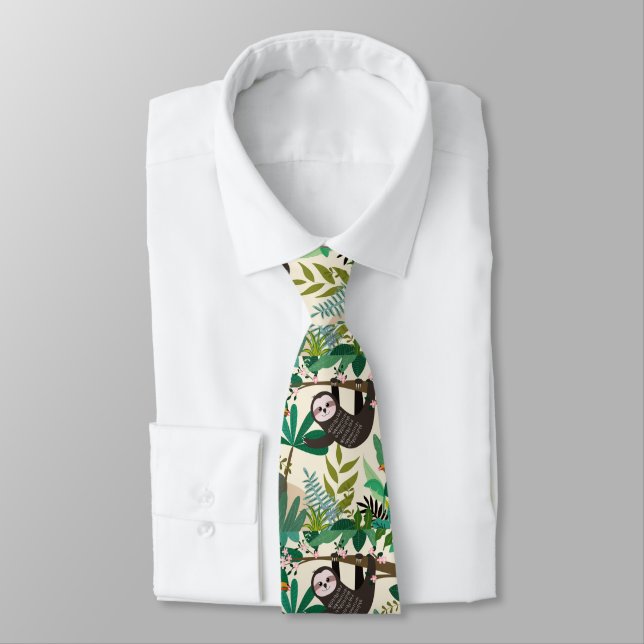 Sloth In Tree Hand Drawn Pattern Men's Tie (Tied)