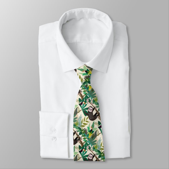 Sloth In Tree Hand Drawn Pattern Men's Tie (Tied)