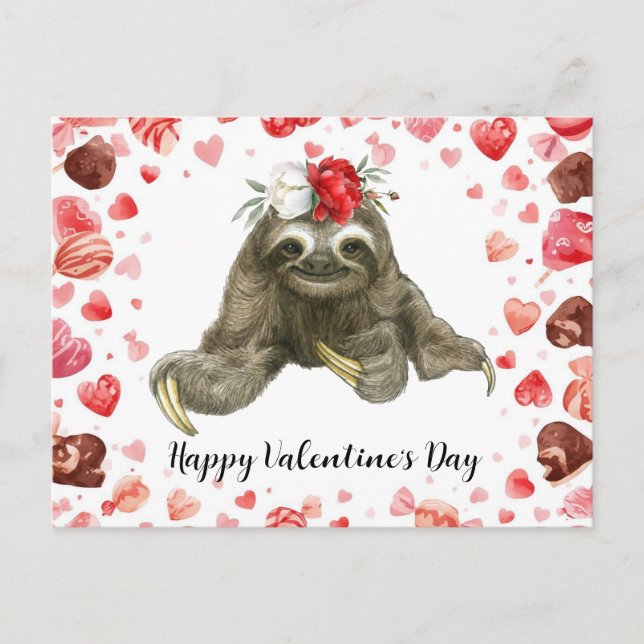Sloth in  Yoga Class on Valentine's Day  Holiday Postcard (Front)
